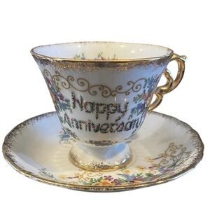 Vintage Bone China HAPPY ANNIVERSARY Teacup and Saucer